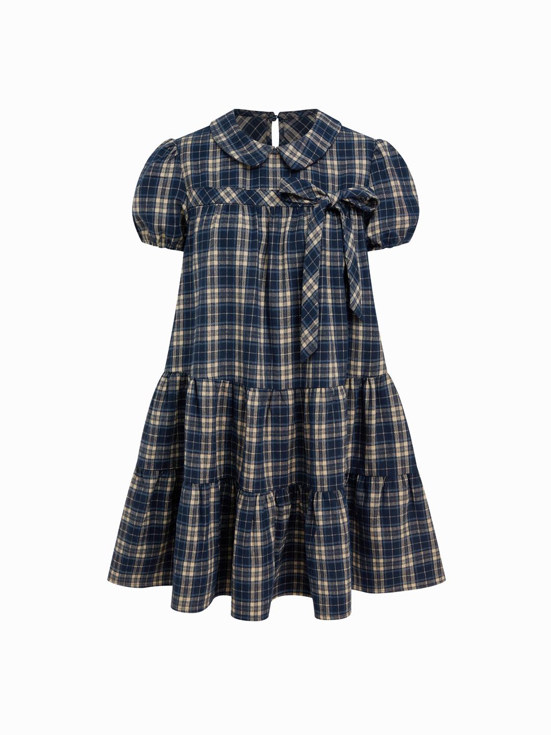Plaid Peter Pan Collar Puff Short Sleeve Bow Knot Oversized Mini Babydoll Dress