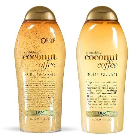 OGX Smoothing + Coconut Coffee Exfoliating Body Scrub with Arabica Coffee & Coconut Oil Coconut Body Cream, 19.5oz