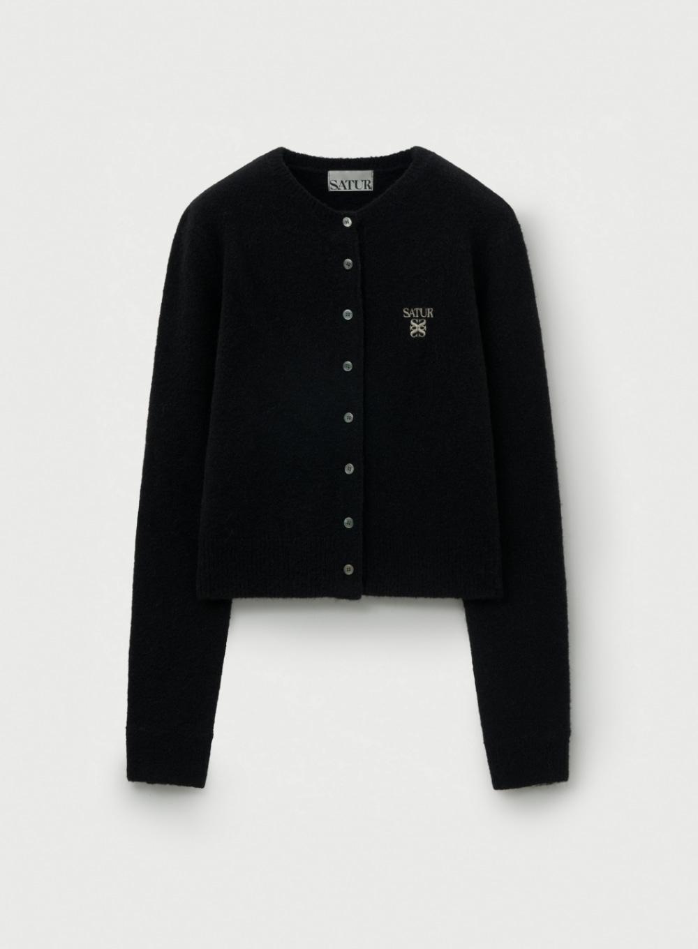 (W) Loren Wool Blend Crew Neck Knit Cardigan - Black