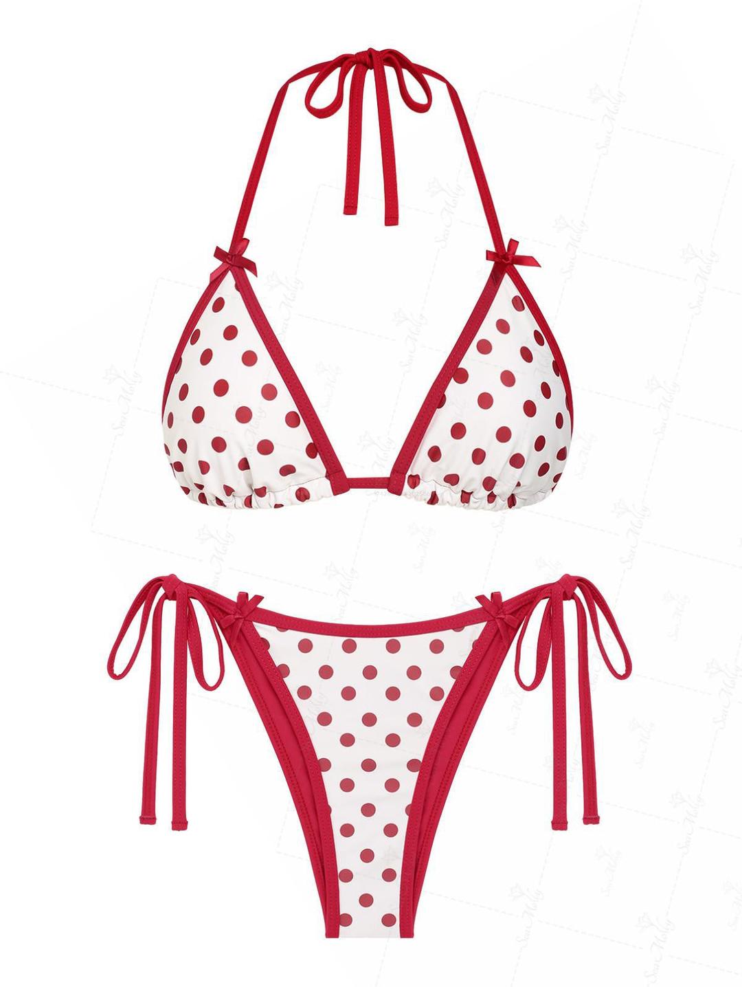 Seamolly 빈티지 폴카 도트 리본 장식 홀터 트라이앵글 타이 사이드 비키니 세트