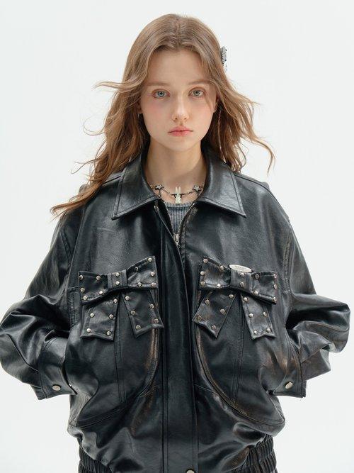 ziziFei 春と秋のアメリカンレトロデザインハイエンド弓黒オートバイジャケット女性のための PU レザージャケット
