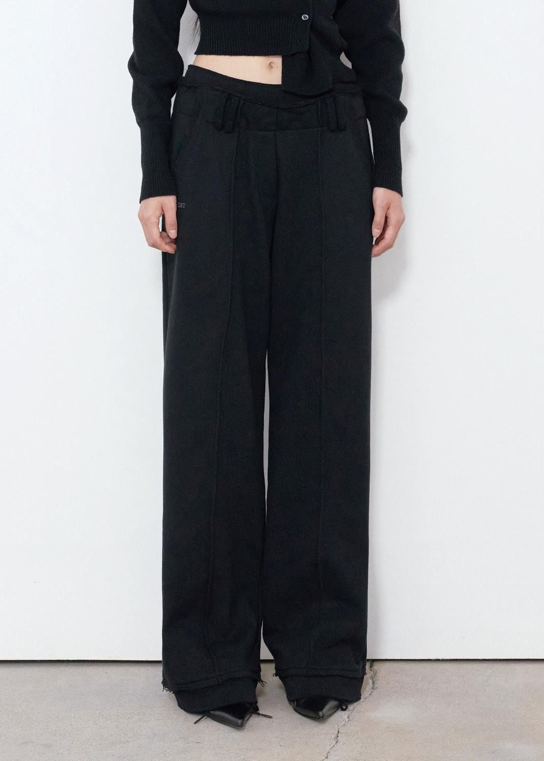 RIB LAYERED WAIST PANTS, BLACK
