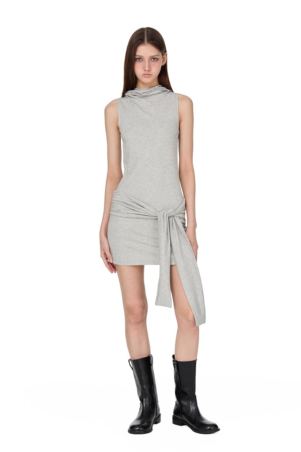 Tie Sleeveless Hoodie One-Piece, MELANGE GRAY