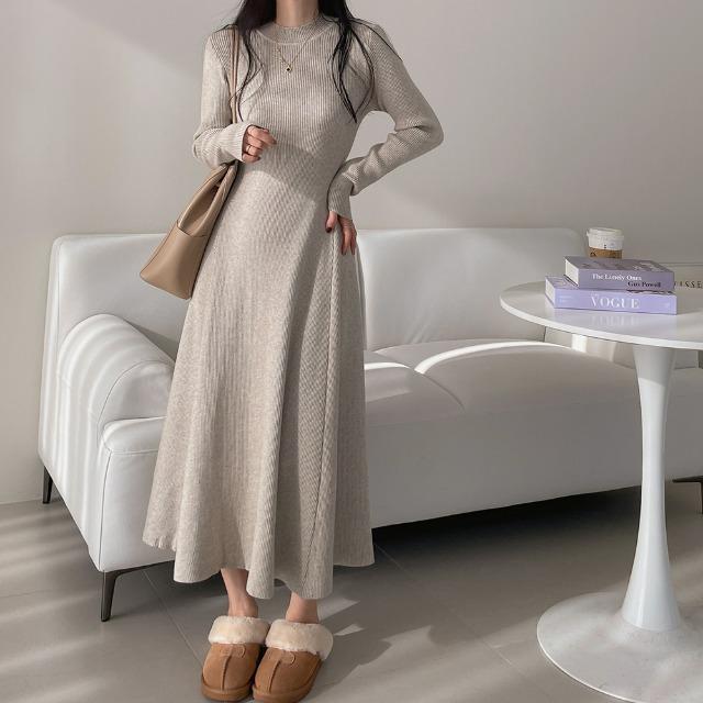 반목 쫀쫀 니트 긴팔 레이어드 롱 원피스 N-1197