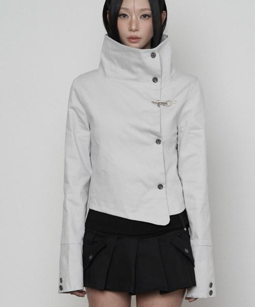 Wide High-neck Side Button Jacket ( LIGHT GRAY )