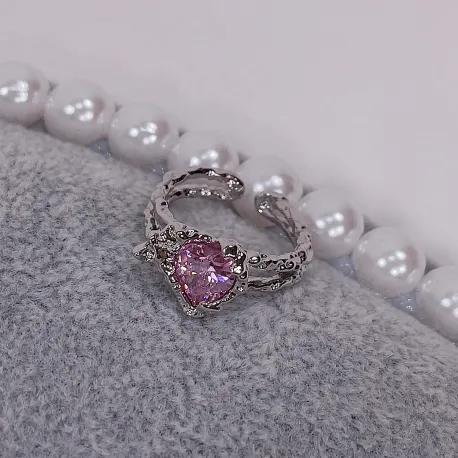 핑크 큐빅 하트 두줄 오픈 반지