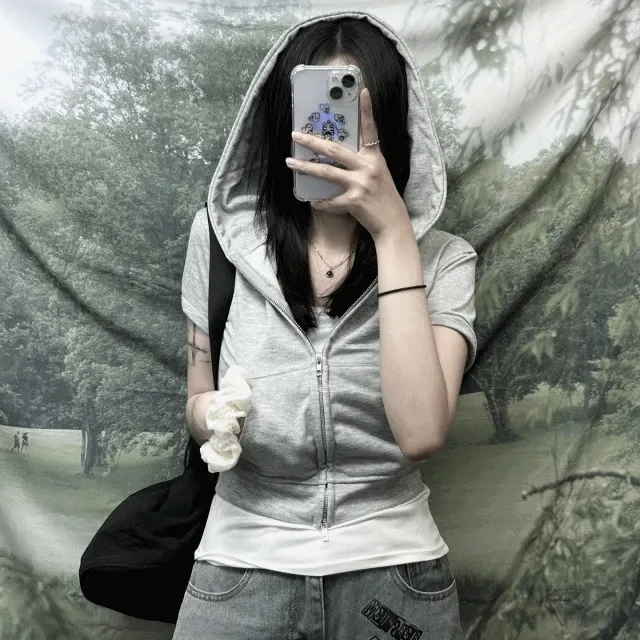 당일출고🚀[y2k/여리핏/크롭기장] 투웨이 밀크그레이 멈블 반팔 후드집업