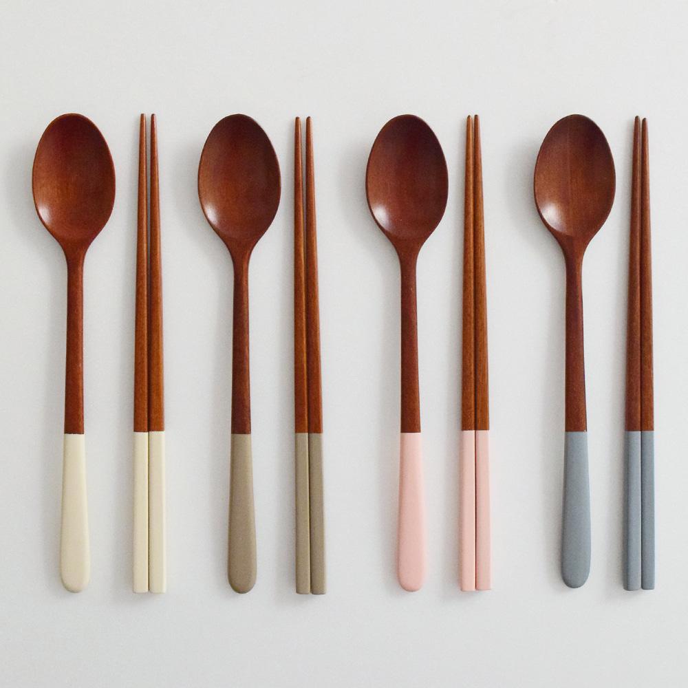 파스텔 투톤 천연 옻칠 우드 수저세트 (4 color) 나무 숟가락 젓가락 색상 선택