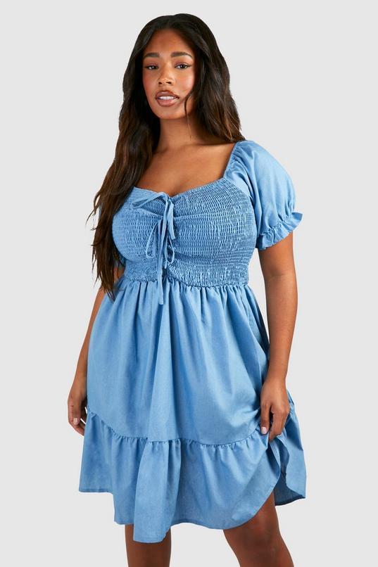Plus Chambray Puff Sleeve Mini Skater Dress