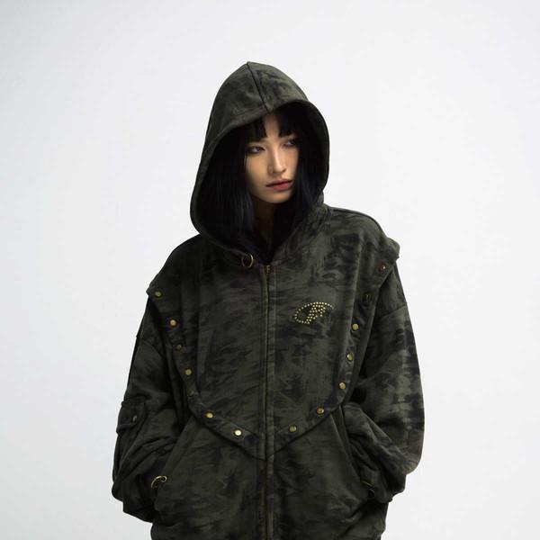 camouflage bronze metal button decoration hooded jacket