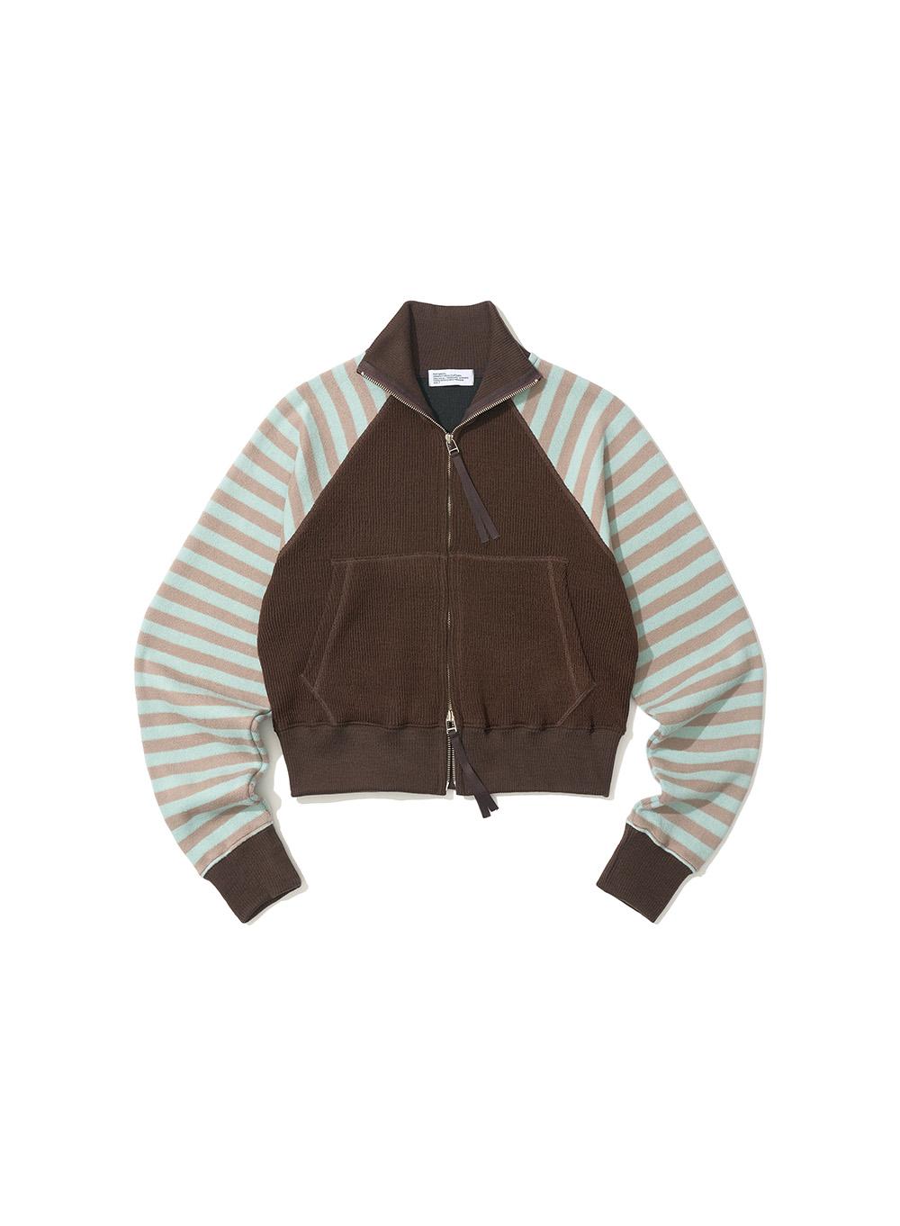 [WOMEN] STRIPE KNITTED ZIP-UP JUMPER_BROWN