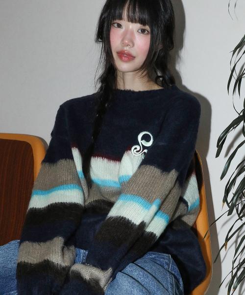 WXK026 닌키노 루즈핏 스트라이프 풀오버 니트 (NAVY)