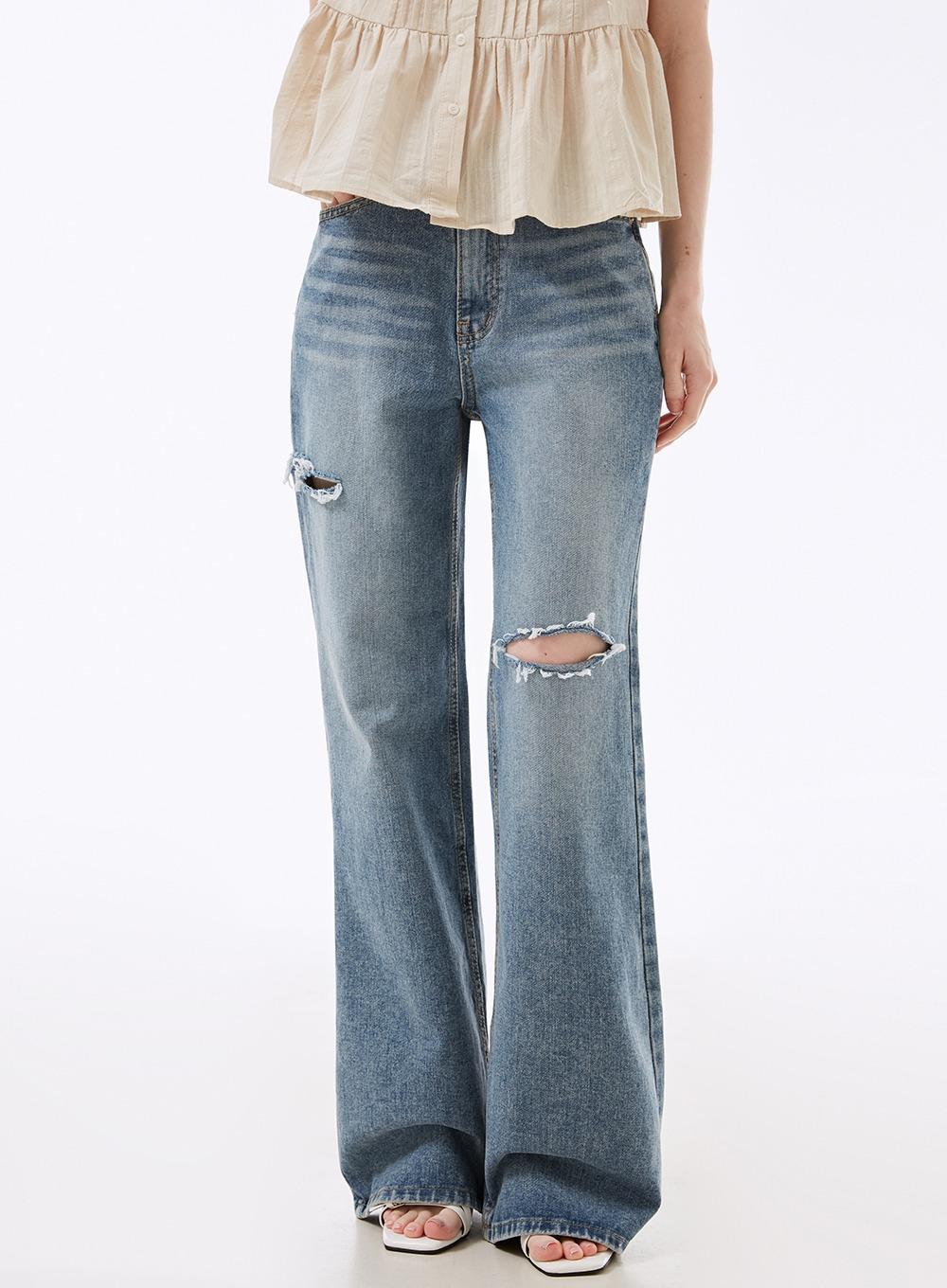 바레노 워싱 컷팅 부츠컷 데님팬츠