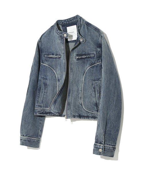 (우먼) 크롭 데님 바이커 자켓_블루
