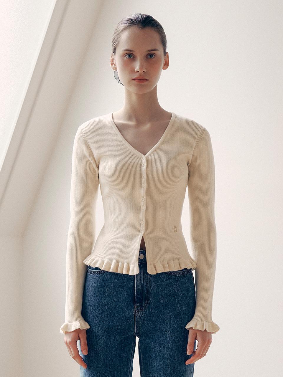V NECK RUFFLE CARDIGAN IVORY