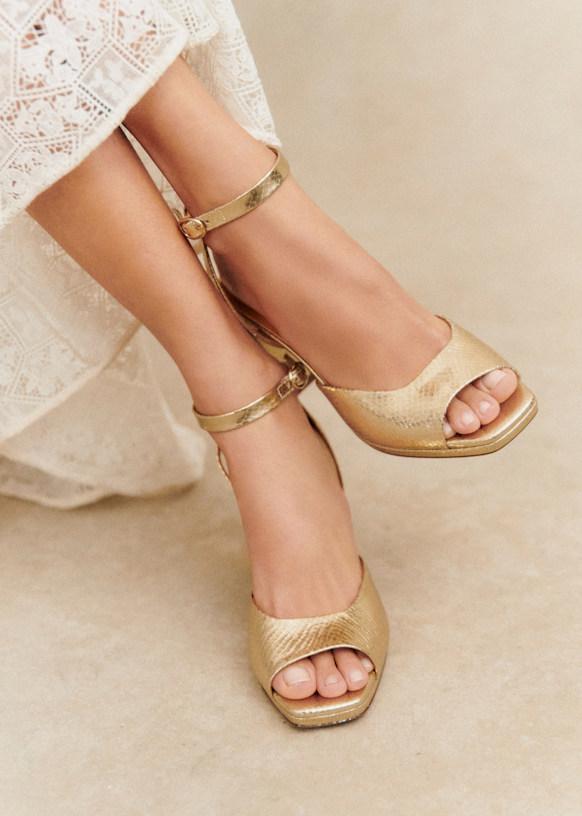 Maxine High Sandals - Embossed Gold - Smooth metallic-effect snake-embossed sheepskin leather - Sézane