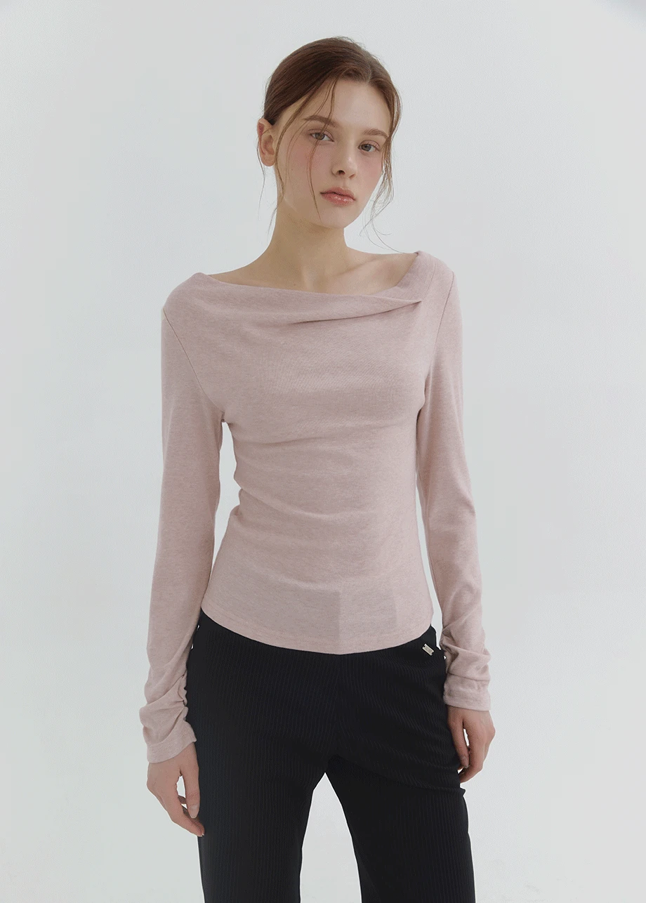 [44-120]  Aaliyah Unbalanced Cawl-neck Tee  알리야 언발란스 카훌넥 티 (봄-가을-데일리룩-출근룩-데이트룩-오피스룩-슬림핏-페미닌-다이마루-드레이프-언발란스-자체제작)