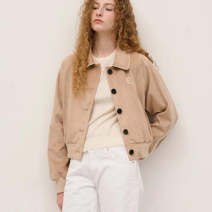 Vegan Leather Suede Varsity Jacket in Beige
