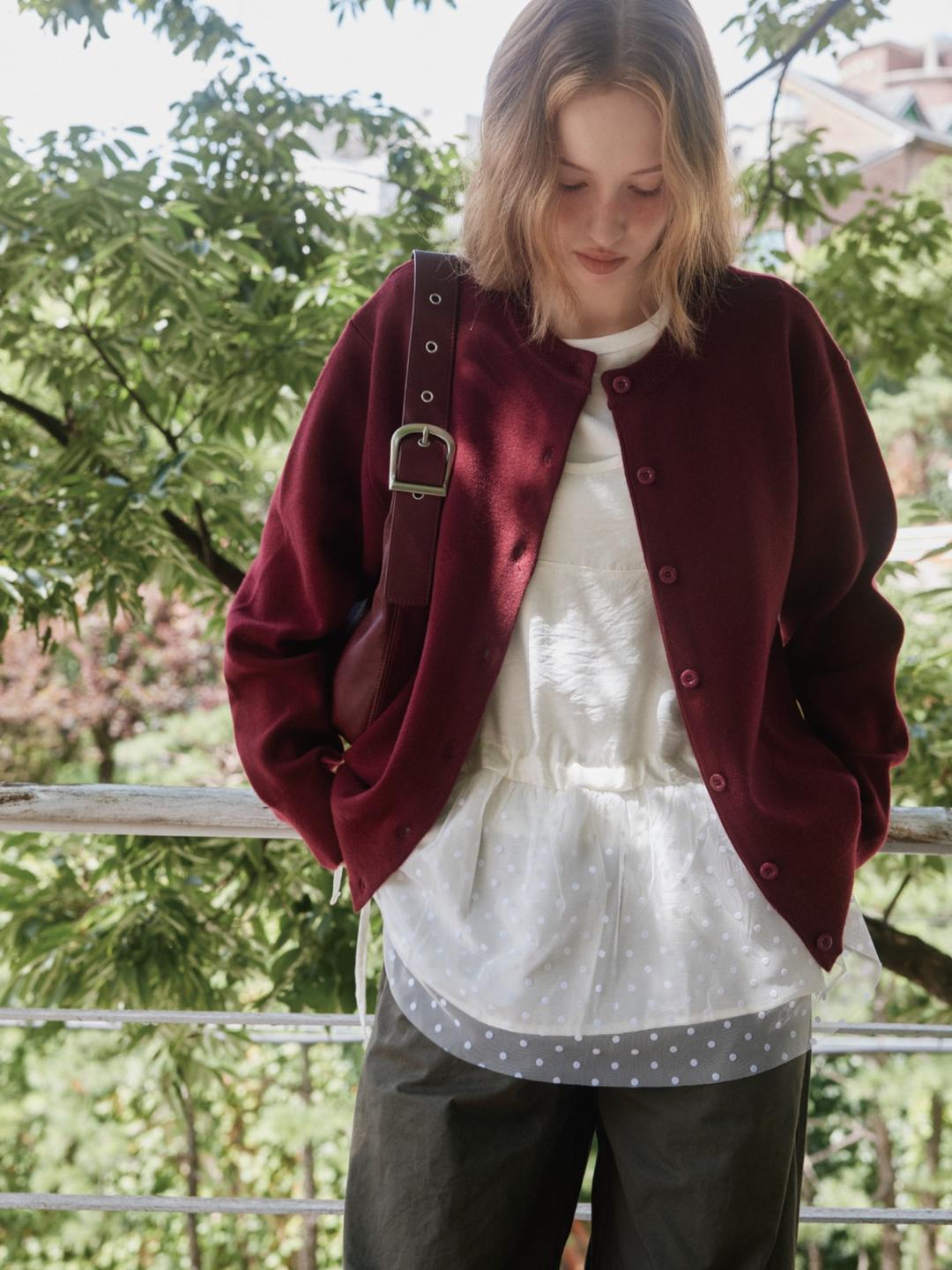Dense Round Knit Cardigan (Burgundy)