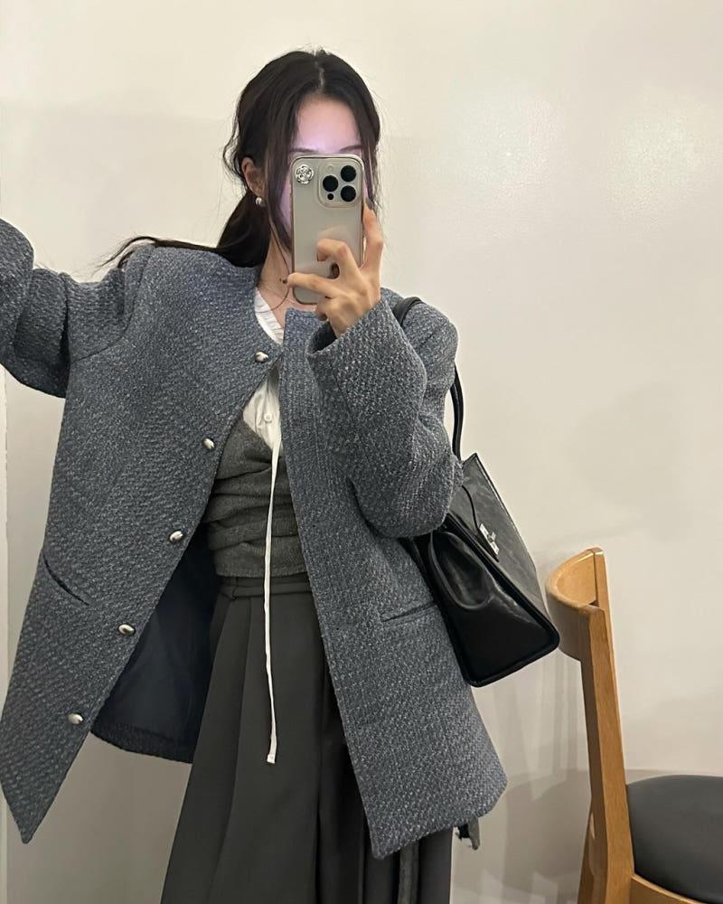 모코 여성 봄 노카라 라운드 오버핏 루즈핏 트위드 자켓