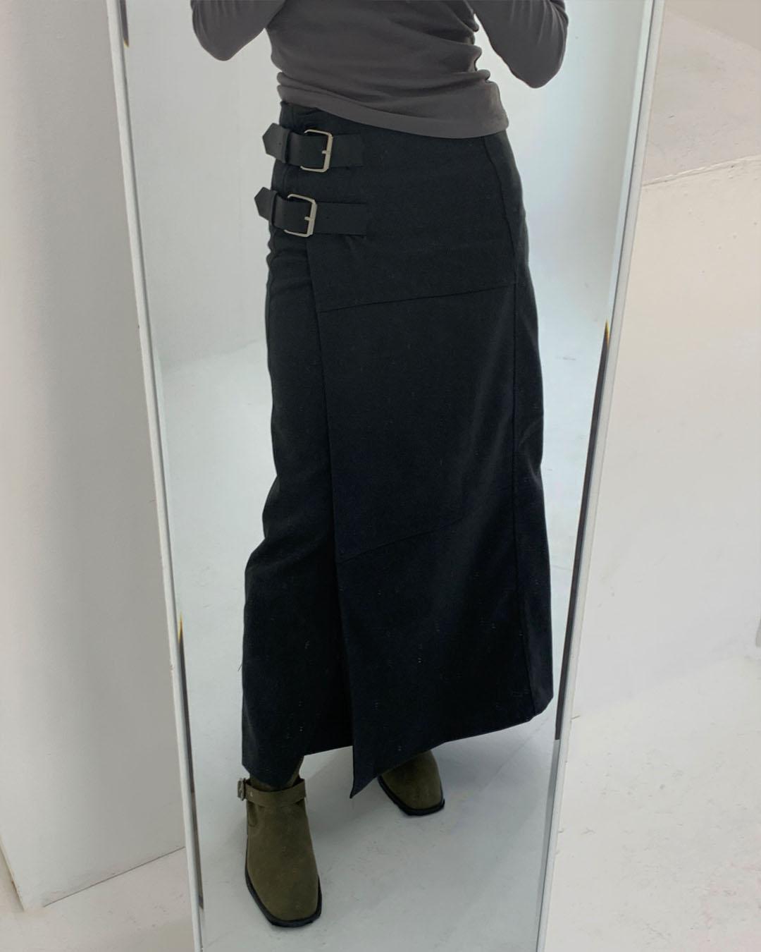 차콜/당일출고 [울] Buckle belted long skirt