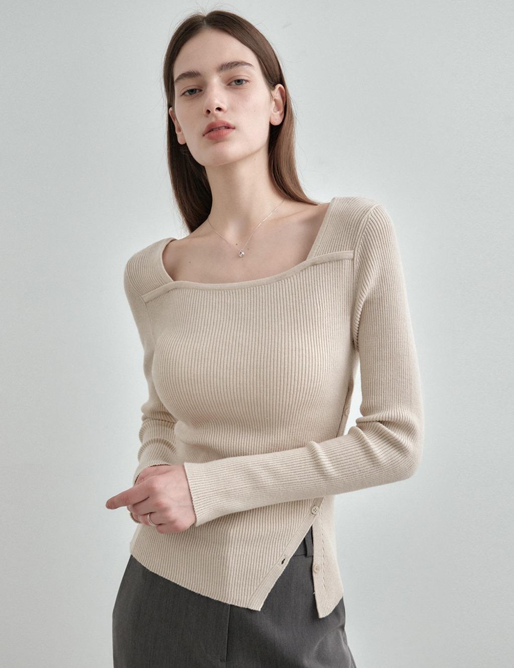 [10/31 예약배송] 스퀘어넥 레이어드 사선 버튼 골지 니트 탑 MDKT123_6 Colors