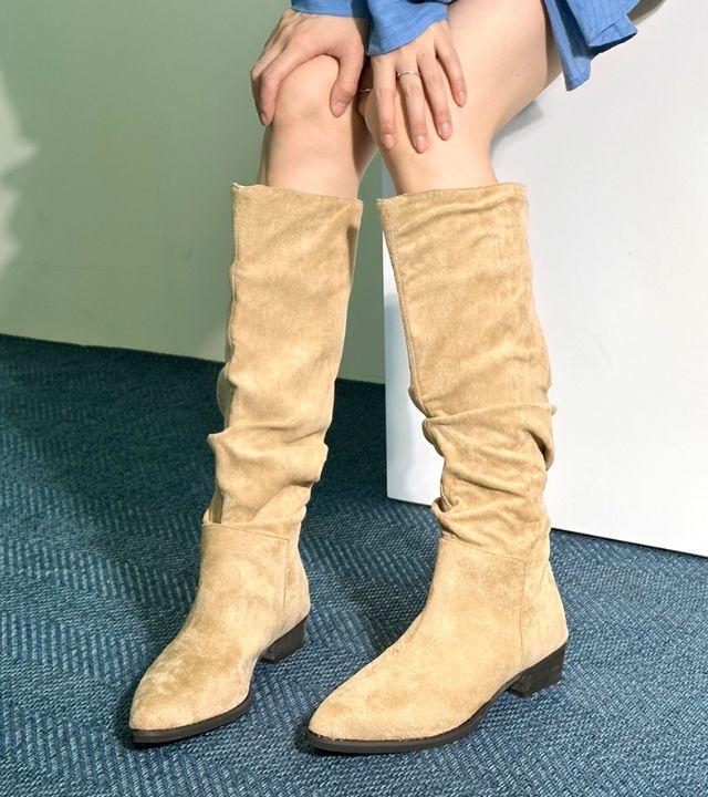 스틸레토 로우힐 셔링 주름 루즈핏 스웨이드 롱부츠 볼사 BOLSA