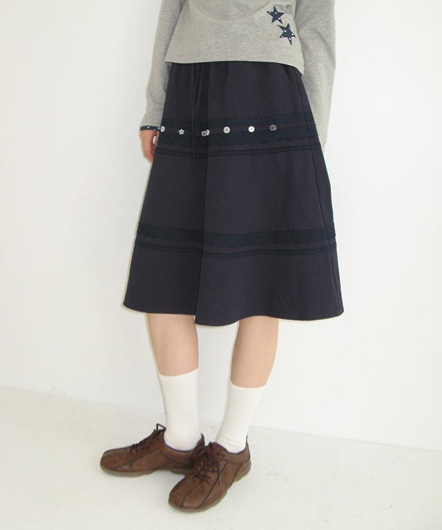MULTI BUTTON LACE TRIM FLARE MIDI SKIRT NAVY