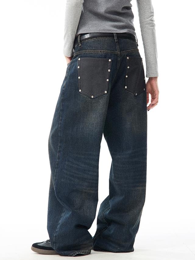 MAIKAO Rivet Leather Pocket Straight Jeans