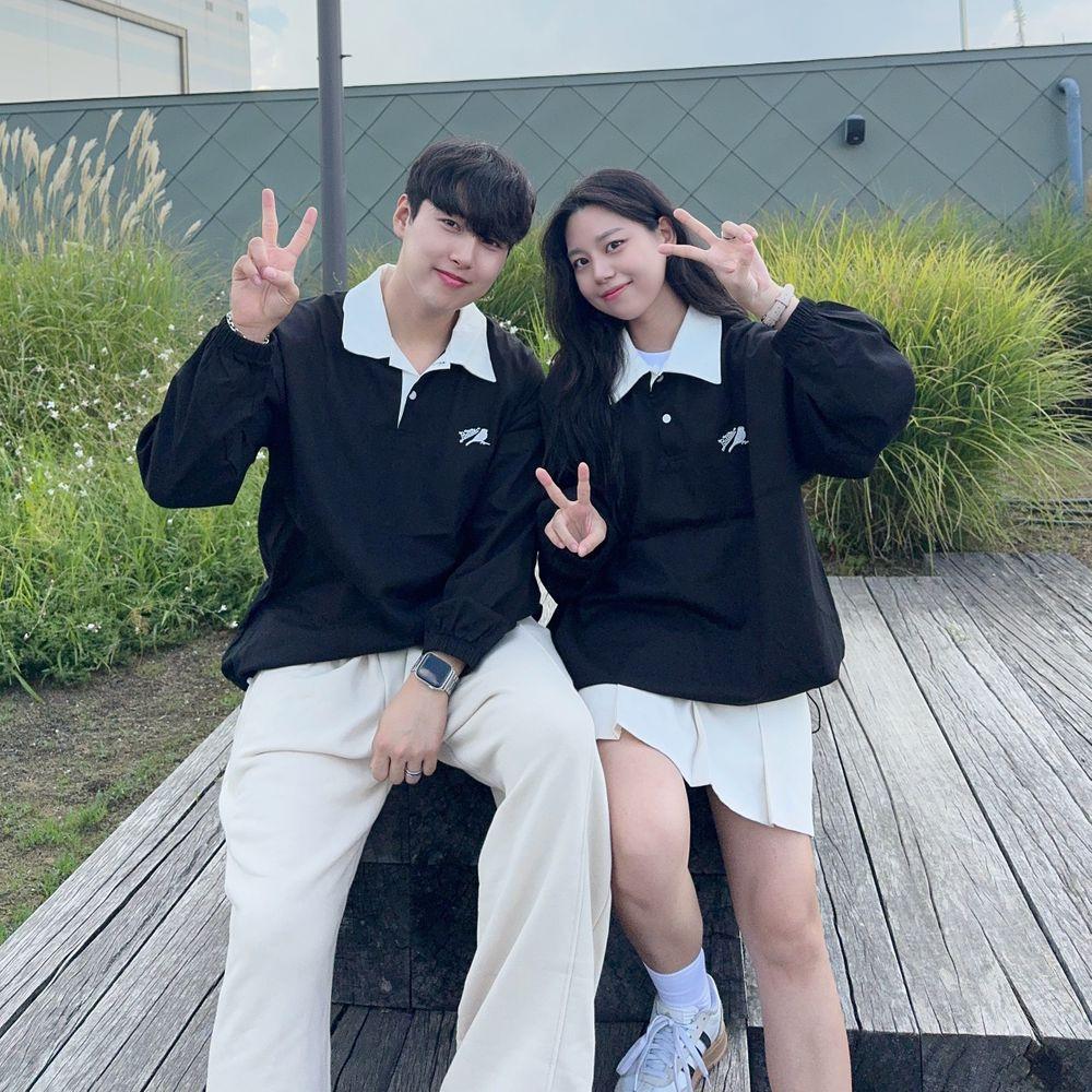 남여공용 버드 자수 배색 카라 교복 긴팔 맨투맨 스트링 와이드팬츠 세트 커플 시밀러룩