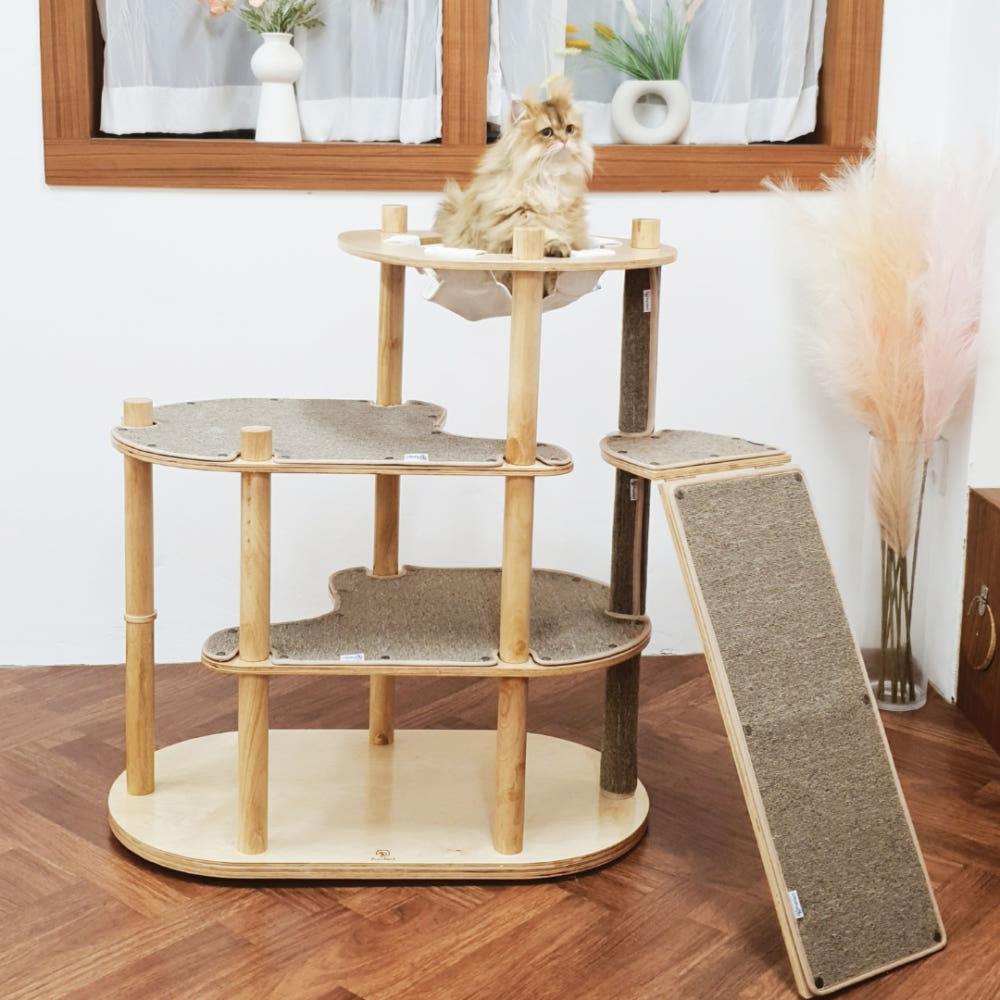 퍼르르펙트 모던 스타필러 미니 3단 고무나무 원목 고양이 가구 캣타워