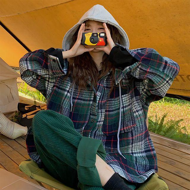달콩시럽 엔티체크후드JK 여성 빅사이즈 오버핏 체크 후드 셔츠 자켓