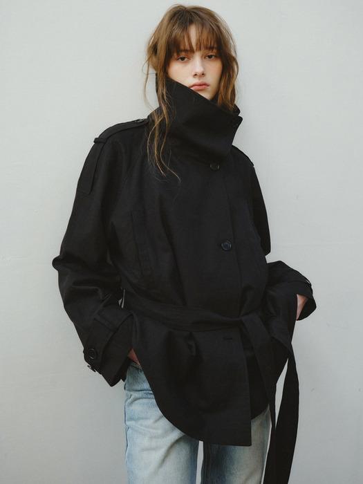 Linen Blend High-neck Half Trench Coat_CTO152(Black)