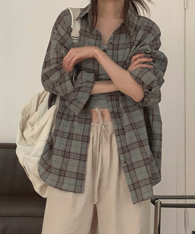 느루 [당일배송/단독특가진행] 봄 여름 오버핏 링클 빈티지 긱시크 너드 체크셔츠 남방 (2color)