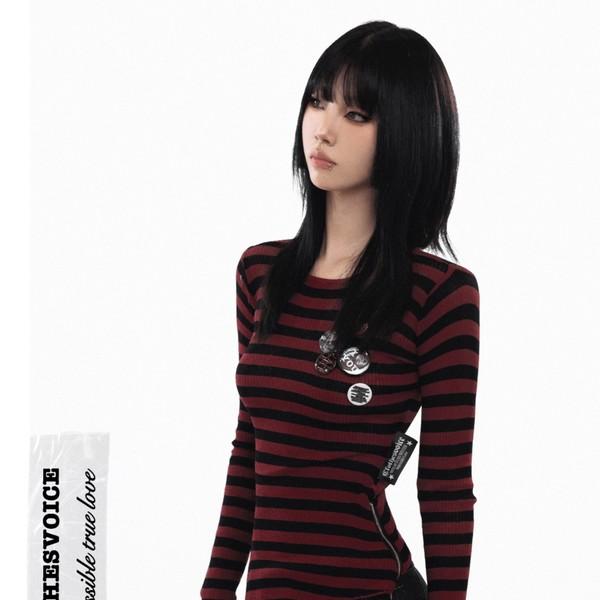 Punk Striped  Irregular Zipper Long Sleeve Knitted Sweater