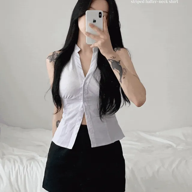 ❤당일출고❤ 마린 스트라이프 홀터넥 셔츠