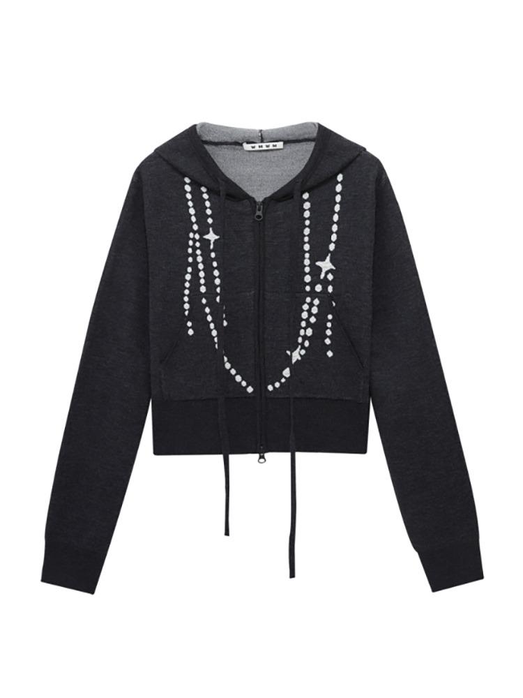 GREY PEARL JACQUARD KNITTED CARDIGAN WMWM 다크 그레이 펄 자카드 니티드 가디건