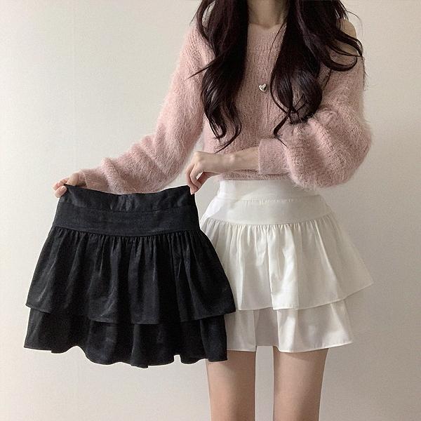 투게더위드미 (쿠폰 할인💣) (숏기장VER) 저렴이❌ 발레코어룩 새틴 캉캉 뒷밴딩 치마바지 플레어 겨울 프릴 미니 A라인 스커트 화이트(아이보리빛) 블랙 연말룩 크리스마스 (당일!)