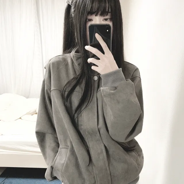 (2color) 오버핏 하이넥 스웨이드 시보리 밴딩 집업 지퍼 똑딱이 카라 블루종 라이더 레더자켓 숏점퍼
