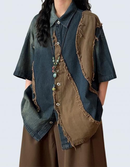 Stitching patch denim short-sleeved shirt