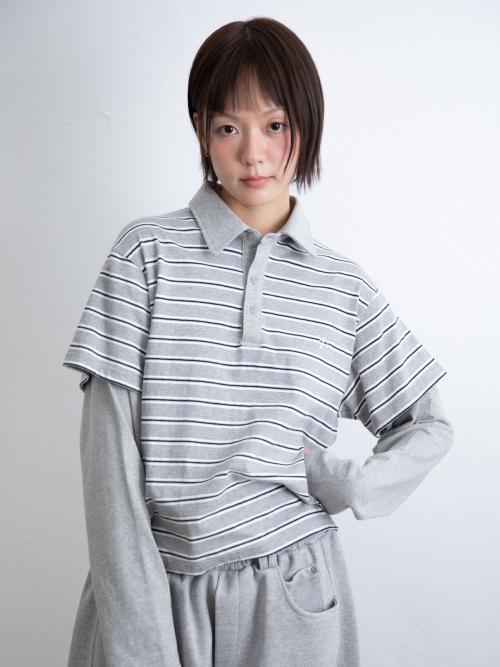 STRIPE LAYERD RUGBY COLLAR L/S TEE_GREY(IK2FFMT551A)