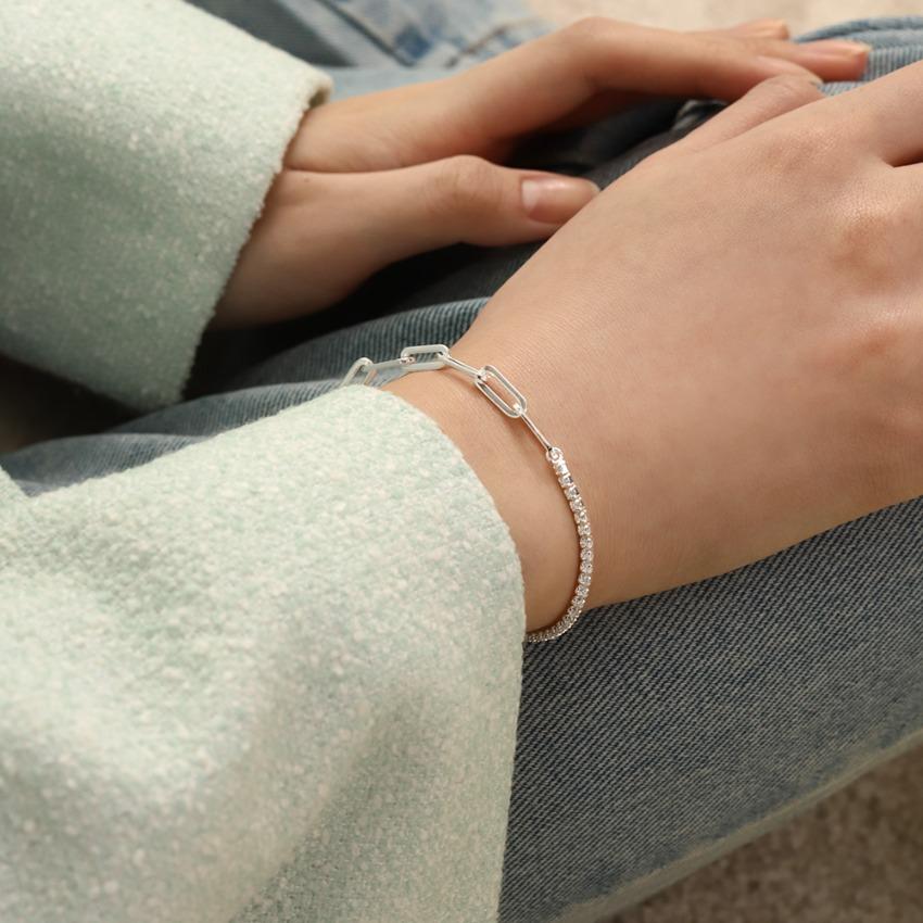 [당일] 실버925 언발 클립 큐빅 체인 테니스 은 팔찌