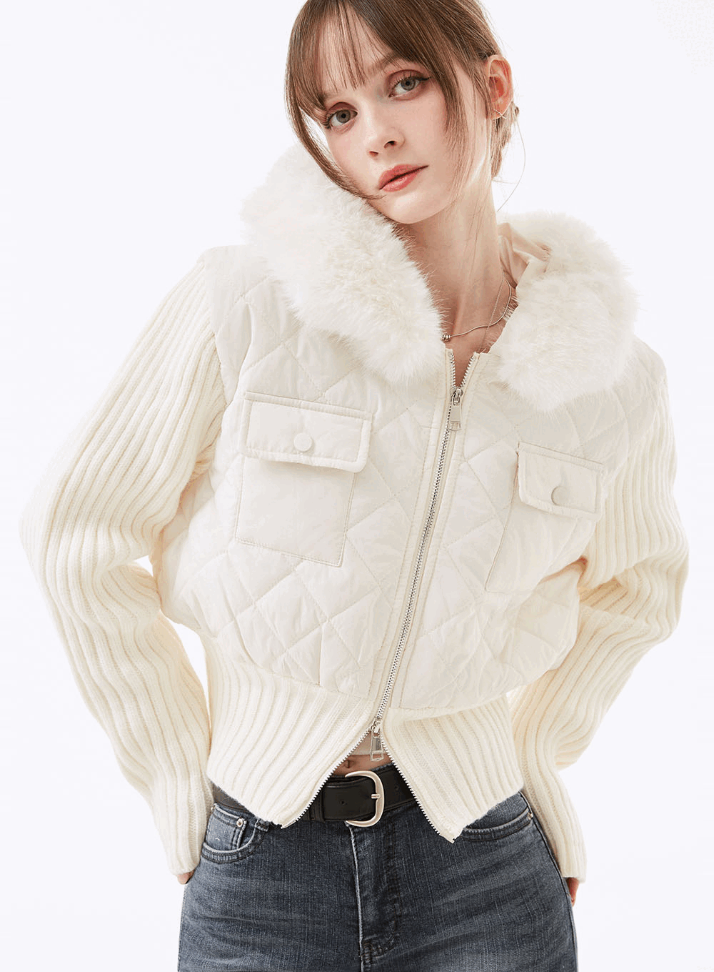 플랑크 슬림 링클 퍼 니트패딩 (퍼 탈부착)