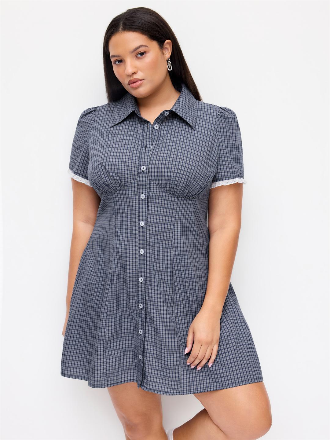 100% Cotton Collar Check Shirred Mini Dress Curve & Plus