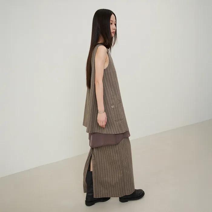 (W) 60S 레이어드 미니드레스 스트라이프 브라운