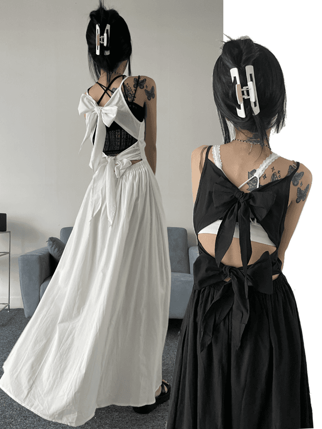 [재진행]백 리스 더블 리본 포인트 플레어 원피스(2color,black 6월 22일 출고 예정)