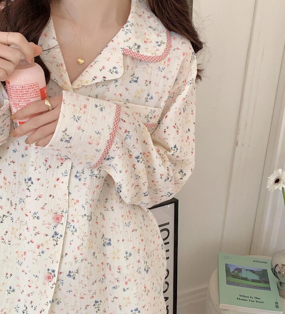 여성 긴팔잠옷 팝꽃 플라워 요루 파자마파티 여행룩 홈웨어 : 더셀렙