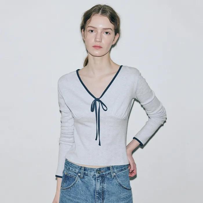 Neck Ribbon T-Shirt (Melange Grey)