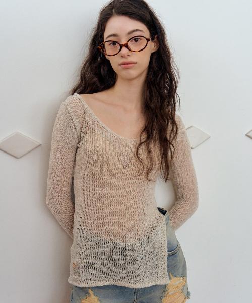 Summer slit V-neck knit (Beige)