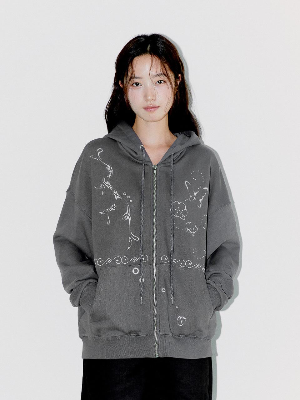 LINEWORK HOODIE ZIP UP, CHARCOAL